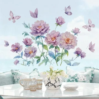 Image de Autocollant mural "Roses de Pentecôte, papillons, aquarelle, violet, style bohème, fleurs"