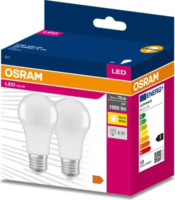 Zdjęcie produktu dla 2PAK Żarówka LED E27 A60 10W = 75W 1055lm 3000K Ciepła 200° OSRAM VALUE