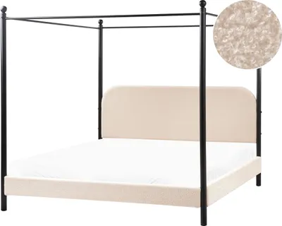 Produktbild von BELIANI Himmelbett Beige Bouclé-Stoffbezug u. Metall mit Lattenrost 180x200 cm Hohes Kopfteil Modernes Design Doppelbett mit Baldachin Himmel