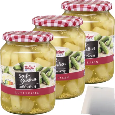 Produktbild von Hofgut Senfgurken Stücke 3er Pack (3x720ml Glas) + usy Block