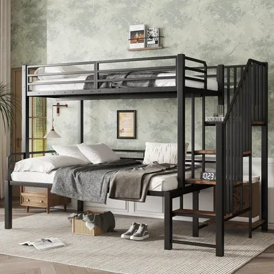 A bedroom scene featuring a metal bunk bed with stairs, decorated with bedding and accessories.