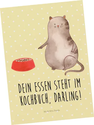 Produktbild von Mr. & Mrs. Panda Grußkarte Katze Fressen - Gelb Pastell - Geschenk, Ansichtskarte, Fotokarte, Postkarten, Postkarte, Kunstkarten