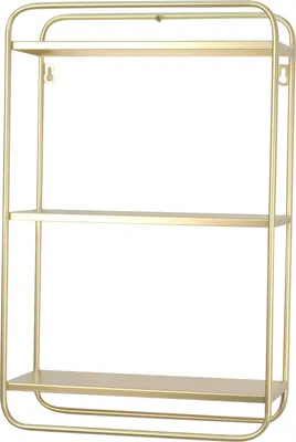 A gold-colored, three-tiered wall shelf with a rounded frame, shown against a white background.