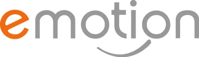 The image shows the word 'emotion' in a stylized font, with the first letter 'e' in orange and the rest of the letters in gray. Below the word, there is a gray smiley face.