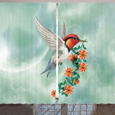 Produktbild von ARANDE Kolibri Gardine, Ein Kolibri Fliegt Mit Einer Geblühten Niederlassung Blumennatur Illustration, 280 x 245 cm, Orange Grün