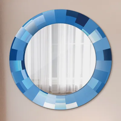 Produktbild von Ø50cm Spiegel - Glasrahmen mit Aufdruck - Wandspiegel Schlafzimmer - blau abstrakt