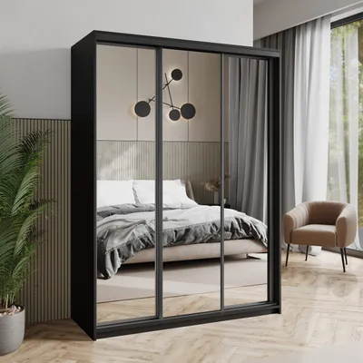 Produktbild von Masseno Schiebetürenschrank RIEN 150/205/60 cm Kleiderschrank mit Schubladen Schlafzimmer Schrank 3-türig mit Spiegel Schwarz + Schwarz