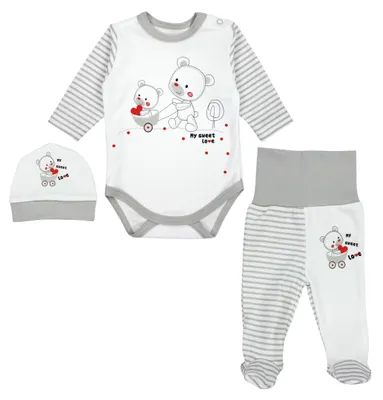 Zdjęcie produktu dla Zestaw ubranek dla dziewczynek i chłopców TupTam: body z długim rękawem, spodnie i czapeczka z nadrukiem i napisem, 3-częściowy, kolor: szary w paski / misie i serca, rozmiar: 56