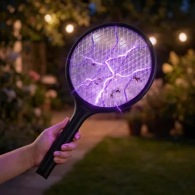 Produktbild von Elektrische Fliegenklatsche mit Akku & UV-Licht - Mückenfänger für optionalen stationären Betrieb, mit Schutzgitter & USB-C Anschluss