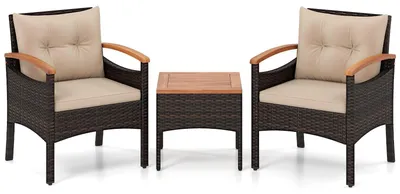 Immagine prodotto di Set da giardino in rattan da 3 pezzi con tavolo in acacia e cuscini