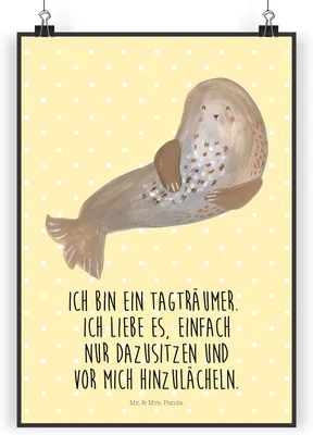 Produktbild von Mr. & Mrs. Panda Bild Robbe Lachen DIN A5 - Gelb Pastell - Geschenk, Strand, Wandbild, Ostsee, Nordsee, Kunstdruck, Lustige Sprüche, wanddruck, Robben, Seehund, drucke