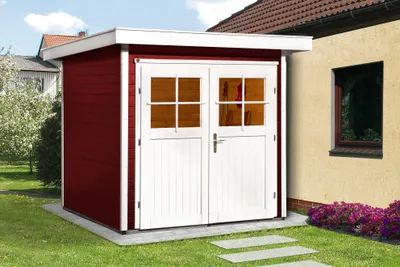 Productafbeelding van WEKA 227.2121.13400 Tuinhuis/blokkenhuis Vinea met dubbele deur; Afmetingen: 1; Kleur: Zweeds rood; Wanddikte: 21 mm; Afmetingen (L x B x H): 209 cm x 205 cm x 217 cm; Hoogte zijwand: 207 cm