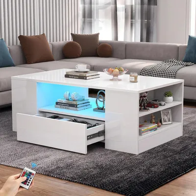 Produktbild von OYAJIA Couchtisch Hochglanz Sofatisch mit LED-Beleuchtung Verstellbare Farben Modern Sofatisch mit 2 Schublade und 2 Regalsofa Beistelltisch