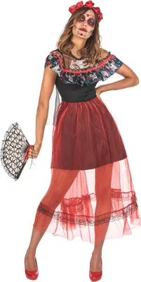 Produktbild von Tag der Toten Kleid Halloween-Kostüm für Damen rot-schwarz - M