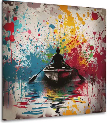 Produktbild von Abstrakt Boot auf buntem See Pop Art Leinwandbild Wandbild Kunstdruck Wanddeko: 40x40x2cm