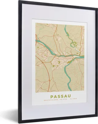 Produktbild von MuchoWow® Gerahmtes Poster Jahrgang - Passau - Stadtplan - Karte 30x40 cm - Poster mit Schwarzem Bilderrahmen Wandposter Rahmen Foto Bilder - Wandposter Schlafzimmer