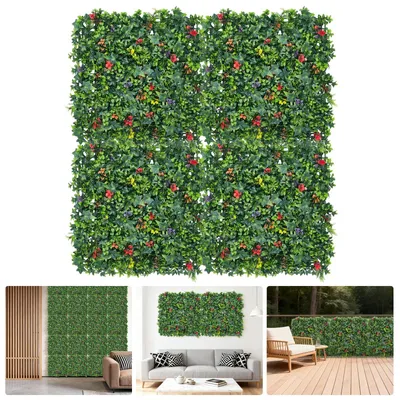 Zdjęcie produktu dla Sztuczna ściana zieleni - panel ogrodzeniowy imitujący żywopłot, zestaw 4 sztuki - panele do osłony, wymiar 50x50 cm każdy - z opaskami zaciskowymi - do dekoracji wnętrz