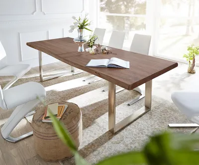 Produktbild von DELIFE Esstisch Edge 300x100 XL Akazie Braun Edelstahl Schmal Live-Edge