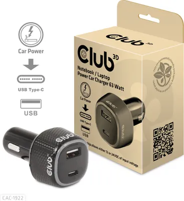 Zdjęcie produktu dla Club3D USB KFZ-Ladegerät 1xUSB C, 1xUSB A, 63W,  12/24V retail