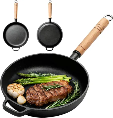 Productafbeelding van Gietijzeren pan 27 cm, koekenpan grillpan, met houten handvat, voor koken
