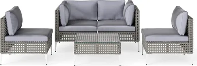 Obrázek produktu pro 5dílný ratanový zahradní nábytek, sada nábytku s polštáři na sezení a ergonomickými opěradly, venkovní nábytek s konferenčním stolkem z tvrzeného skla