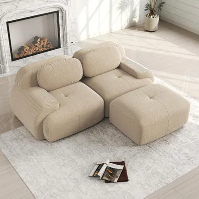 Productafbeelding van Bank in beige corduroy, modulaire bank zonder frame met gebogen armleuningen, 208x178x70 cm, vulling van 32D schuim, zonder montage, geschikt voor de woonkamer