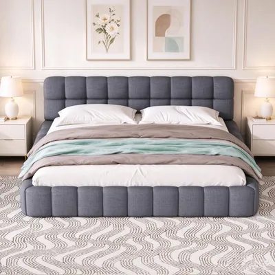 Productafbeelding van INONEFT Bubble-bed, 160x200 cm, gestoffeerd bed, tweepersoonsbed met gestoffeerd hoofdeinde, bedframe voor een jeugdbed met lattenbodem, laag bed, gastenbed, linnen, grijs