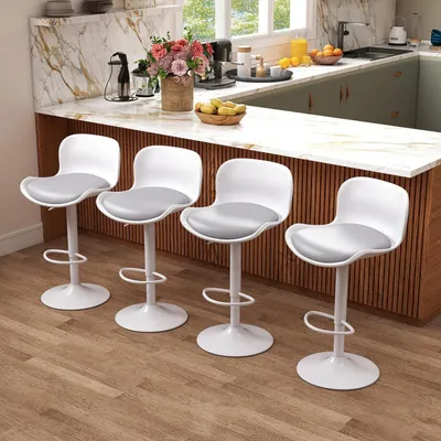 Produktbild von Barhocker 4er Set, Höhenverstellbar, Kunstleder, mit Fußstütze und Rückenlehne, Weiß/Grau
