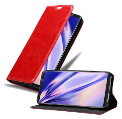 A red flip case for a smartphone is shown, with the phone inside and the cover open.
