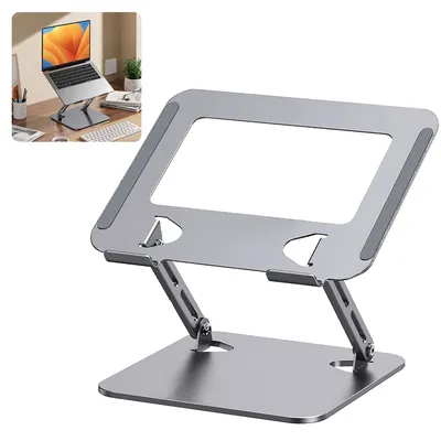 Produktbild von Aluminium Laptop-Ständer mit Lüfter, höhenverstellbar und faltbar, Kohlenstoffstahl für optimale Kühlung und ergonomisches Arbeiten.