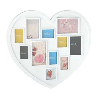 Produktbild von Relaxdays Herz Bilderrahmen, Collage für 11 Bilder, Valentinstag, Muttertag, Hochzeit, Wand Galerierahmen, weiß