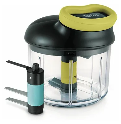 A manual food chopper with its blades shown separately.
