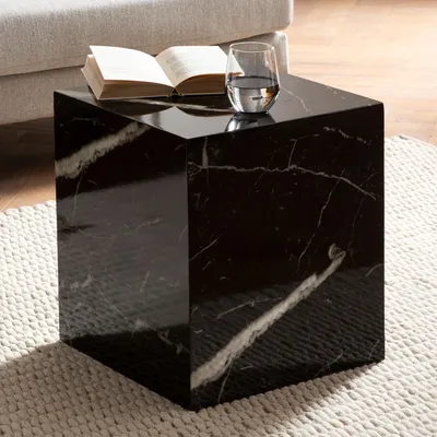 Produktbild von FineBuy Couchtisch MONOBLOC 40 cm Hochglanz mit Marmor Optik Schwarz Wohnzimmertisch Cube Quadratisch Sofatisch Lounge Beistelltisch Würfel-Form