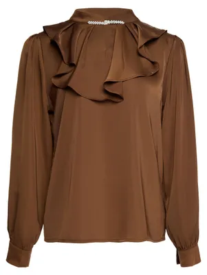 Produktbild von Elegante Damen Bluse braun mit Stehkragen, langen Ärmeln und Rüschen, Gr. S