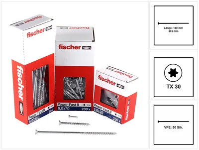 Produktbild von fischer Spanplattenschraube PowerFast, FPF II CTP 6,0 x 180 BC 50 Senkkopf mit Innenstern TX Teilgewinde galvanisch verzinkt, blau passiviert, 50 Stück