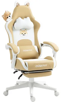 Obrázek produktu pro Herní židle, potažená umělou kůží (PU), ergonomický design, s prvky ve tvaru kočičích oušek a psí dekorace, nastavitelná opěrka nohou, nastavitelné područky a opěradlo, maximální nosnost 151 kg