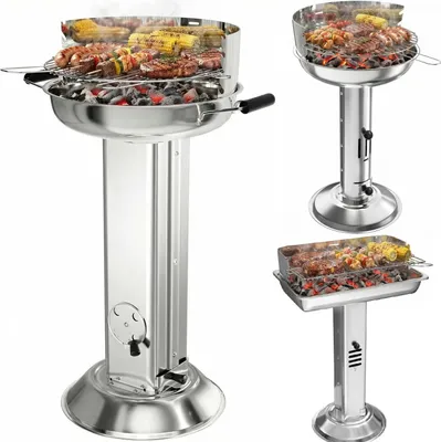 Produktbild von Edelstahl Kohlegrill - Säulengrill - Wetterfest - Höhenverstellbarer verchromter Grillrost - Aschewanne - Belüftung - Piezozündung - Grau