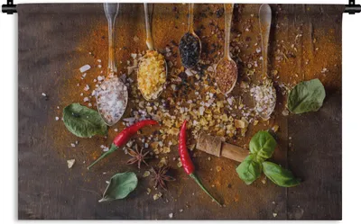 Produktbild von MuchoWow® Wandteppich Wandbehang Löffel - Kräuter - Chili - Gewürze - Salz 90x60 cm Tapisserie Dekoration Wandtuch - Wandskulpturen - Bildteppich