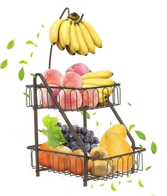 Image de Corbeille à fruits à deux étages avec support pour bananes en métal pour la cuisine
