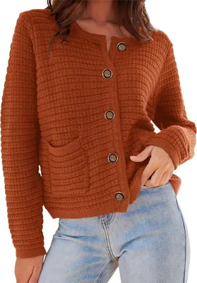 Produktbild von ASKSA Damen Strickjacke Rundhals Cardigan Knopfleiste Pullover Langarm Herbst Winter Grob Gestrickt Outerwear, Karamell, L