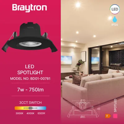 Image de Spot encastrable LED Braytron 7 W, IP54, 3-en-1, CCT, 630 lm, luminaire encastrable, spot encastrable, salle de bains, noir