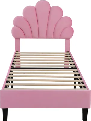Obrázek produktu pro okwish Dětská postel 90 x 200 cm, rám postele s květinovým čelem, laťkový rošt, dívčí čalouněná postel z pokožce přátelského sametového materiálu, růžová