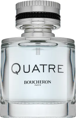 A clear studio shot of a Boucheron Quatre Pour Homme Eau de Toilette bottle.