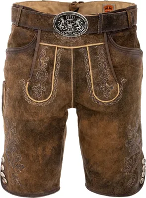 Produktbild von Lederhose HORN aus Ziegenleder, Antik-Bernstein mit Löwen-Wappen-Gürtelschnalle