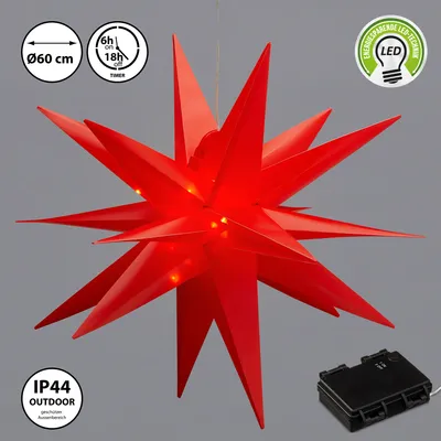 A red star-shaped LED light decoration, likely for Christmas, is shown hanging against a plain gray background. Several informational icons are visible in the corners.