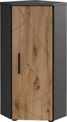 A corner cabinet with a wooden door and gray sides.