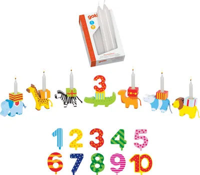 Produktbild von goki 60791+15051 Geburtstagstierparade 7 Tiere aus Holz + austauschbare Zahlen 1-10 inkl. 10 weißen Kerzen, bunt, 27-teilig (1 Set)