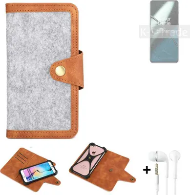 Produktbild von K-S-Trade Handyhülle + Kopfhörer kompatibel mit OnePlus 11 Schutzhülle Filz Hülle Kunstleder hellgrau braun (1x)