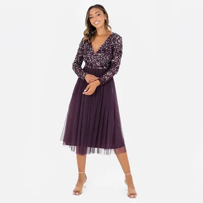 Produktbild von Maya Deluxe Damen Maya Faux Warp Front Embellished Midi Bridesmaid Dress, Berry,