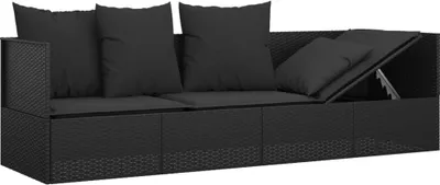 A black outdoor lounge bed with black cushions, shown from a slightly elevated side angle.